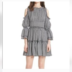 Maje Black White Striped Ruffle Cold Shoulder Dress 1